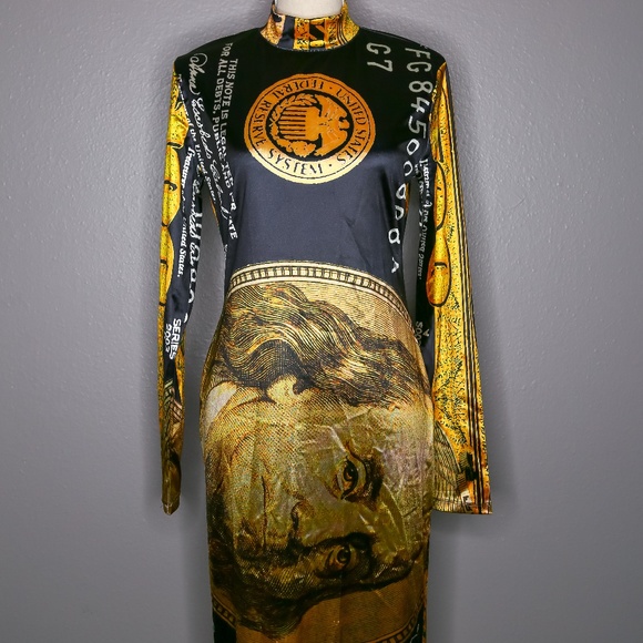 Fashion Nova Dresses Money Print Long Sleeve Maxi Silk Tight Dress